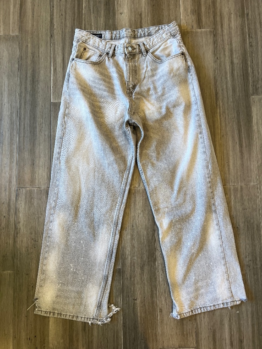 Zara Distressed Light Gray Baggy Wide-Leg Denim Jeans 32